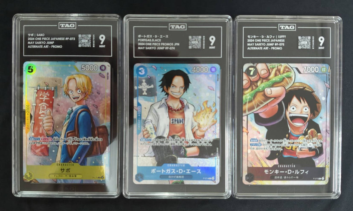SET 3 TAG 9 MINT JAPANESE ONE PIECE 2024 Luffy Ace Sabo P-073 P-074 P-075 JUMP