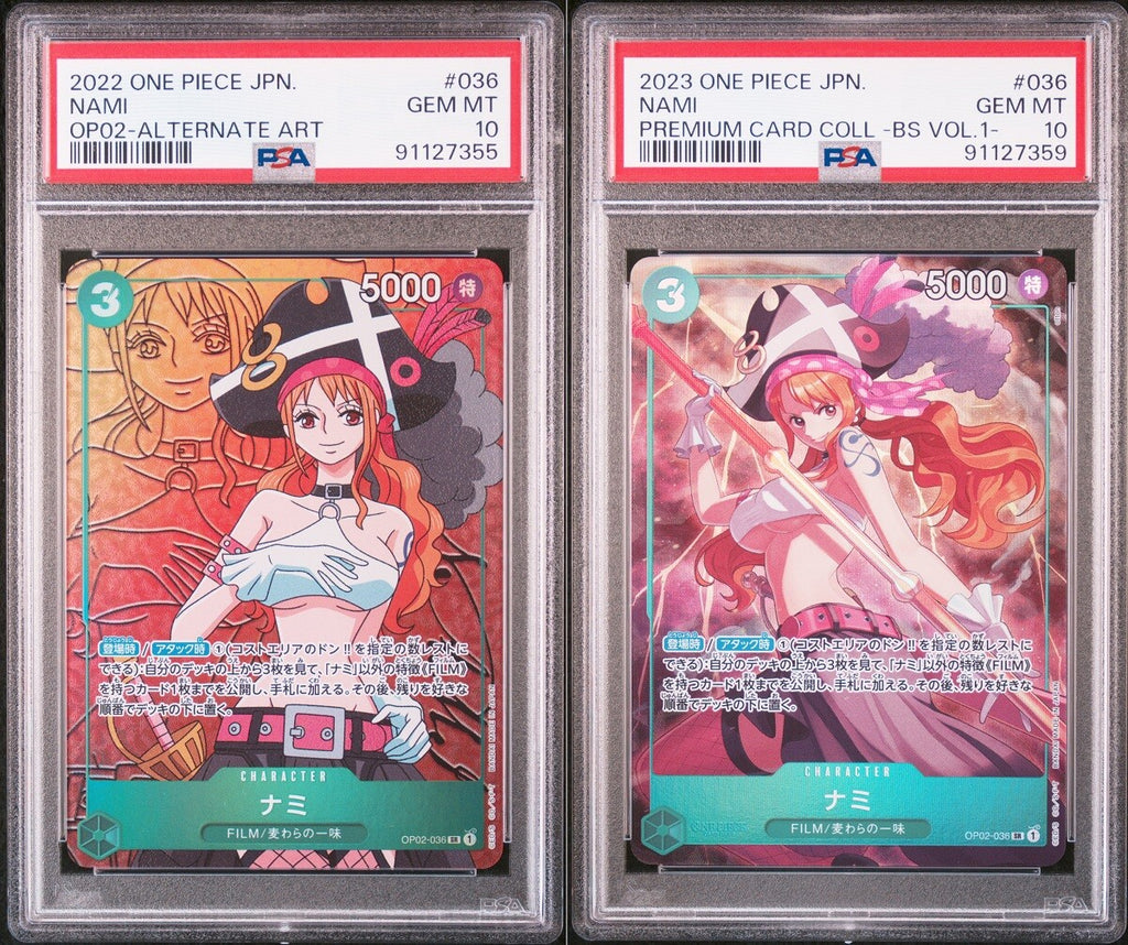 SET 2 PSA 10 GEM MINT JAPANESE ONE PIECE 2022/23 Nami OP02-036 ALT ART & SR
